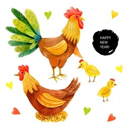 colorful rooster with family, new year card, chinese new year, watercolor 2017
