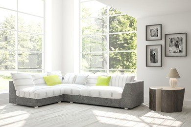 white room with sofa. scandinavian interior design. 3d illustration