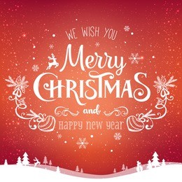 christmas and new year typographical on background with winter landscape with snowflakes, light, stars. xmas card. vector illustration