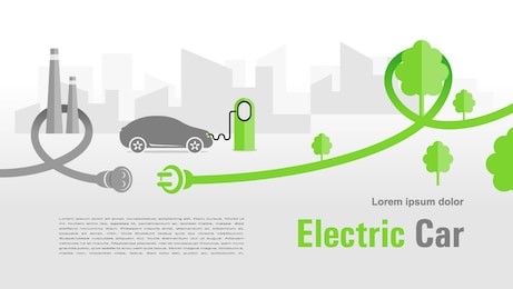 flyer electric car silhouette car and cable plug charging city background