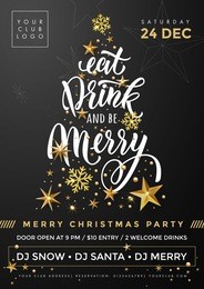 eat, drink and be merry party banner with christmas tree background of golden star decorations. vertical poster for disco club holiday event. a4, a3 poster