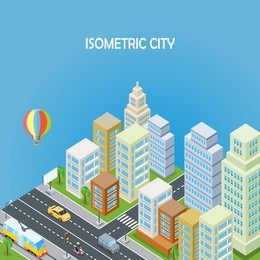 isometric city concept on blue background. isometric city background. isometric city, megapolis, office buildings, road, skyscraper, street and city service transport. urban landscape in flat.