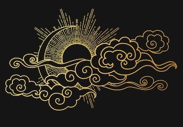 sun and moon in the cloudy sky. decorative graphic design element. vector illustration in oriental style