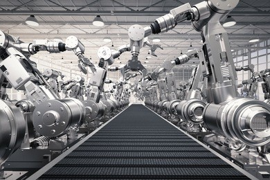 3d rendering robotic arms with empty conveyor belt