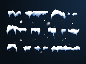 set of isolated snow cap. snowy elements on winter background. vector template in naturalistic style for your design. snowfall and snowflakes in motion