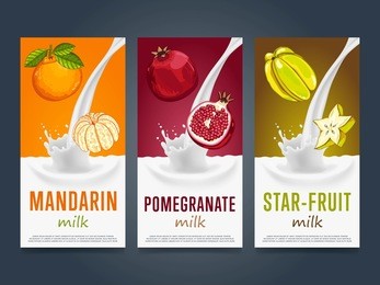 milkshake concept with milk splash and fruit vector illustration. milk dessert, yogurt, fruit mix, cocktail drink, fruit smoothie with mandarin, star fruit, pomegranate packaging design. dairy product