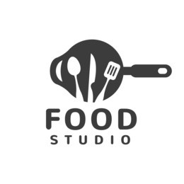 food studio vector logo. kitchen tools. food icon. food logo. cooking logo. restaurant vector logo template. cafe logo. pan icon.