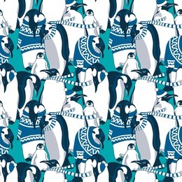 christmas seamless pattern. image penguins in a blue nordic pullover and in a striped scarf on a green-blue background. vector illustration.