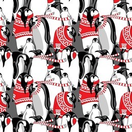 christmas seamless pattern. image penguins in a red nordic pullover and in a striped scarf. vector illustration.