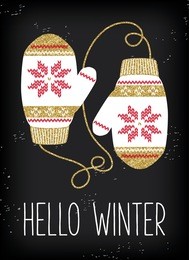 christmas greeting card, vintage knitted mittens background. gold glitter texture. white mittens with gold and red scandinavian pattern. hello winter.