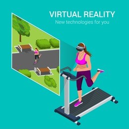 virtual reality or augmented reality concept. girl wearing glasses run on simulator. new technology for you. sport collection. flat isometric vector illustration