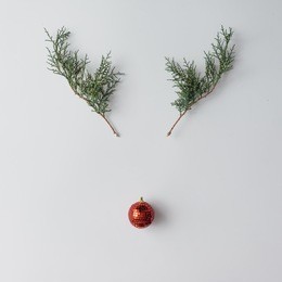 reindeer face made of christmas decoration and pine branches. minimal christmas concept. flat lay.