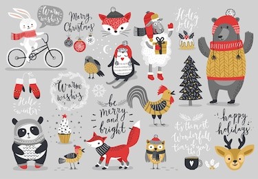 christmas set, hand drawn style - calligraphy, animals and other elements. vector illustration.