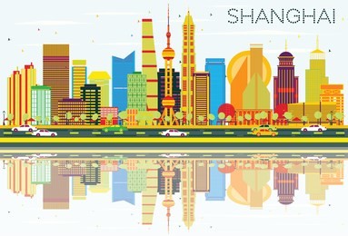 abstract shanghai skyline with color buildings, blue sky and reflections. vector illustration. business travel and tourism concept with modern architecture. image for presentation banner placard.