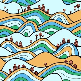 landscape pattern. vector seamless pattern with hills, trees, fields and peaks. background illustration with bright landscape.