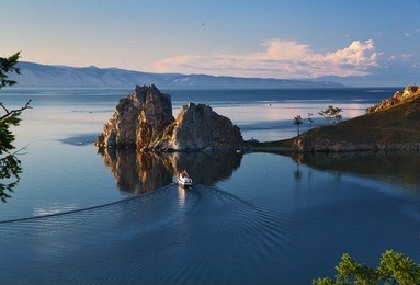cape burhan and shaman rock on olkhon island at baikal lake, russia