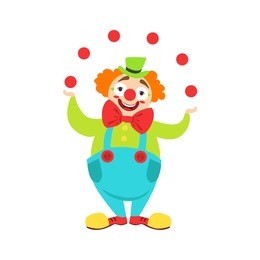 circus clown artist in classic outfit with red nose and make up performing juggling stunt for the circus show