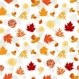 autumn leaves pattern. colorful leaves of maple, aspen and rowan with red berries. seamless ornament. fall season theme. vector illustration.
