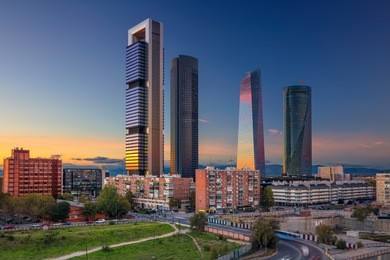 madrid. image of madrid, spain financial district with modern skyscrapers during sunset.