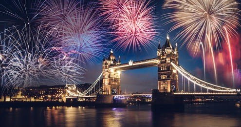 tower bridge with firework, celebration of the new year in london, uk