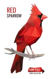 colorful vector low poly red sparrow in red colors, vector illustration