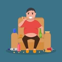 vector illustration concept unhealthy lifestyle, human laziness. cartoon fatty husband sitting on couch and eat junk food. fat man obese on sofa, armchair. flat style. harmful food for health.