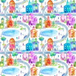 seamless pattern with city,road,park and lake.colorful house.urban life postcard. watercolor hand drawn illustration.white background.