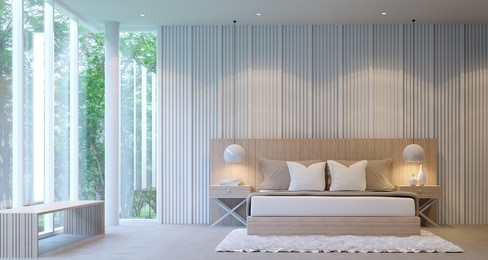 modern white luxury bedroom decorate walls with wooden lattice