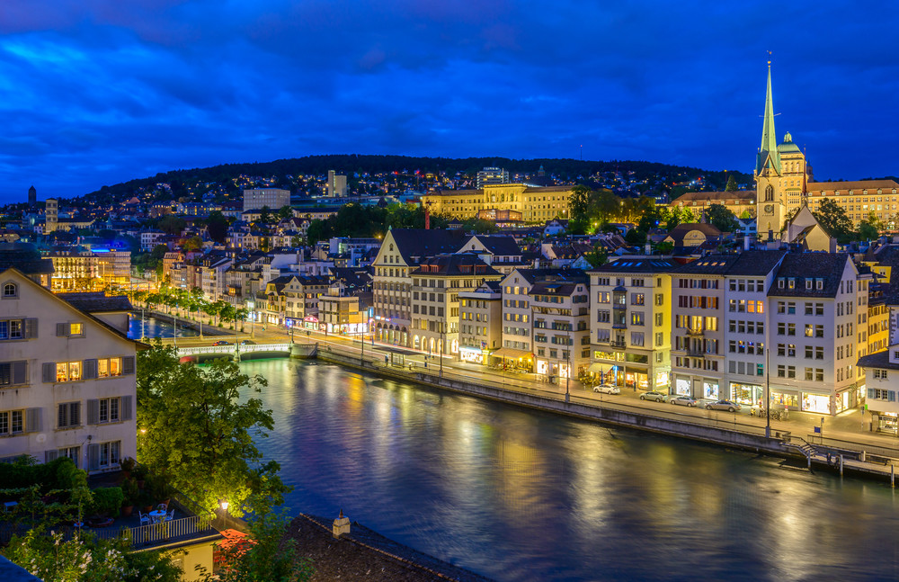 night view of historic zurich city center on summer, canton of zurich, switzerland.