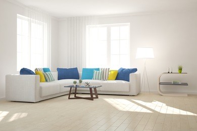 white room with sofa. scandinavian interior design. 3d illustration