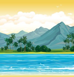 vector tropical illustration. landscape with mountains, palms and blue sea on a sunset sky. wilderness nature. 