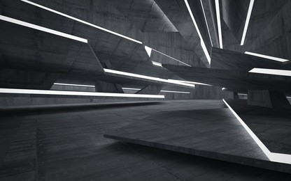 empty dark abstract concrete room interior. architectural background. night view of the illuminated. 3d illustration and rendering