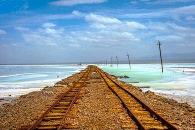 old railway at chaqia (chakayan) salt lake, qinghai, china
