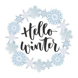 hello winter black hand written inscription with blue snowflakes wreath on white background