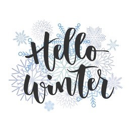 hello winter black hand written inscription with blue snowflakes on white background