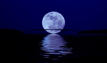 full moon over night water behind the bridge