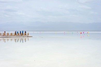 people taking photos at chaqia salt lake, qinghai, china