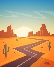 desert landscape with asphalt road, cartoon vector illustration.