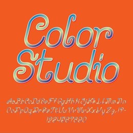 beautiful colorful curly font, italic type. isolated english alphabet of capital and lowercase letters with numbers and punctuation marks. color studio text lettering.