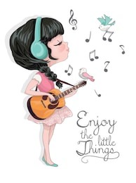 llustration girl vector listening to music on headfhones. lovely music. character design. cute girl illustration. template for design cards, notebook, shop, poster.