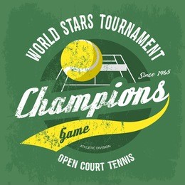 tennis ball over court with net for t-shirt print. sport gear banner or sportswear logo, shirt for sportsmen or athletic clothing, cloth branding. sport club or center insignia, leisure theme