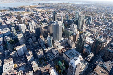 aerial from from above montreal city center and its landmark buildings, canada.