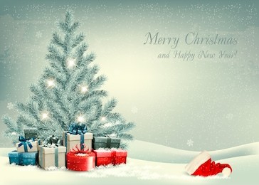 retro christmas background with a christmas tree and presents with santa hat. vector.