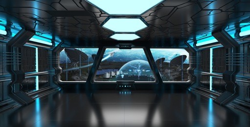 spaceship blue interior with view on space and distant planets system 3d rendering elements of this image furnished by nasa