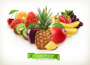 pineapple and juicy fruits, vector illustration isolated on white