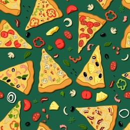 seamless texture. vector color image of a pizza. slices with various ingredients.