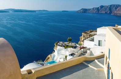 greece, santorini, view of the caldera sea area from the imerovigli village