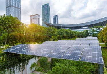 solar panels in the park of modern city