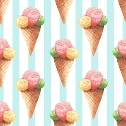 watercolor seamless pattern with cone ice cream. cute background 