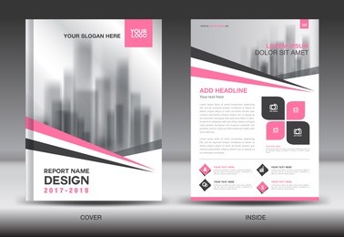 pink cover annual report brochure flyer template creative design, front and inside page layout, infographics vector